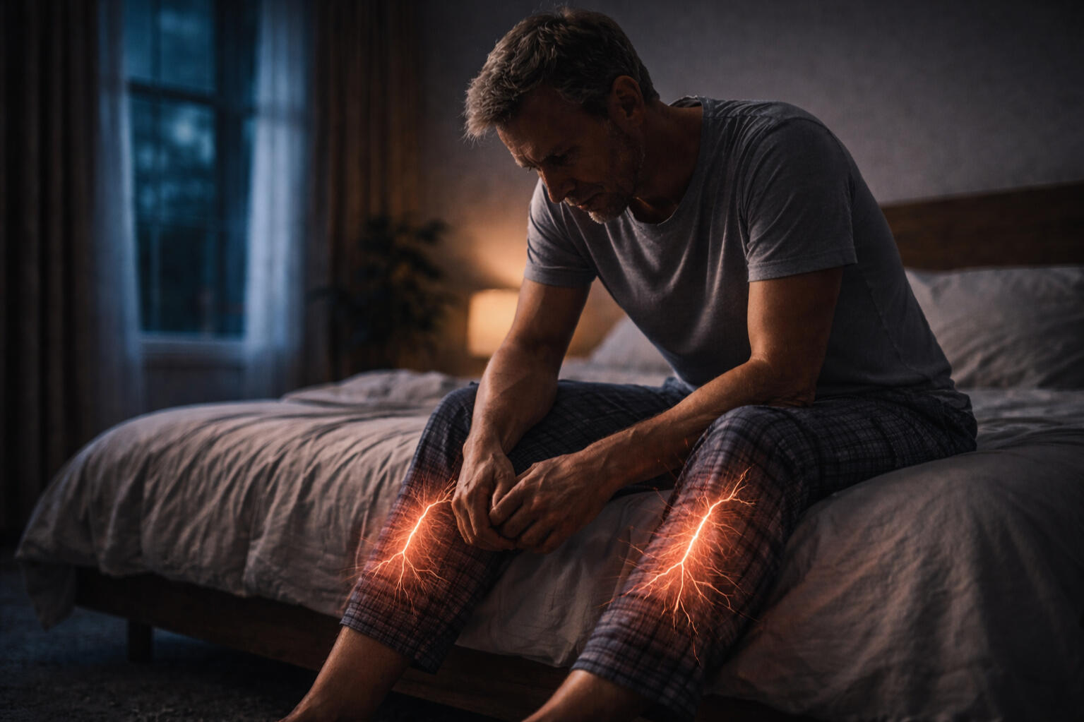 Schlafloser Mann mit Restless Legs Syndrom RLS